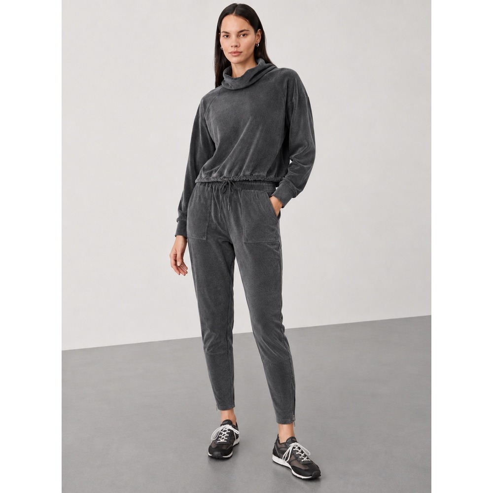 Athleta Gray Velour Matching Set Cowl Neck Pullover and Joggers XS Charcoal